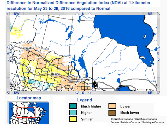 The first satellite-based Crop Condition Assessment Program (CCAP) report from Statistics Canada shows behind-normal crop development in Manitoba, areas of Saskatchewan and northern Alberta, as indicated in the tan-shaded areas of the graphic. (DTN graphic by Nick Scalise)
